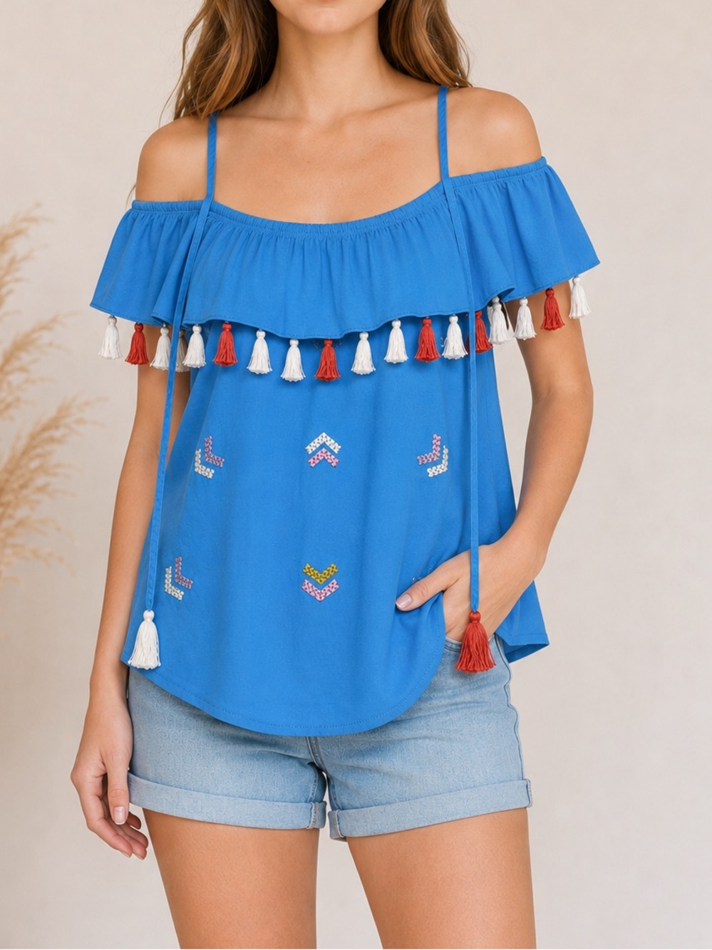 dRA‎ Los Angeles Shirt Small Hayden Style Blue Embroidered Boho Festival Tassel